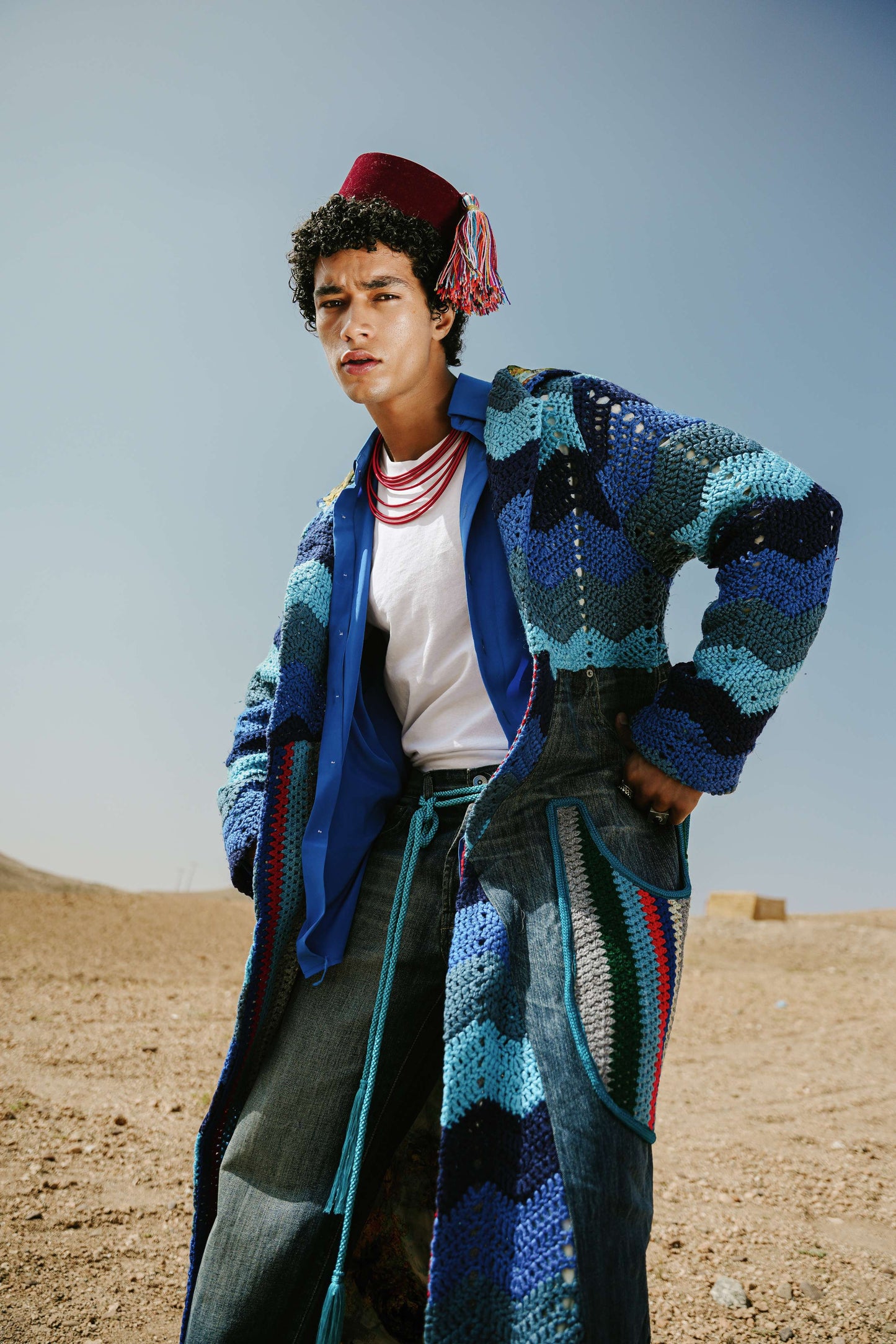 Atlas Thread Hooded Crochet Trench Coat - Tangier