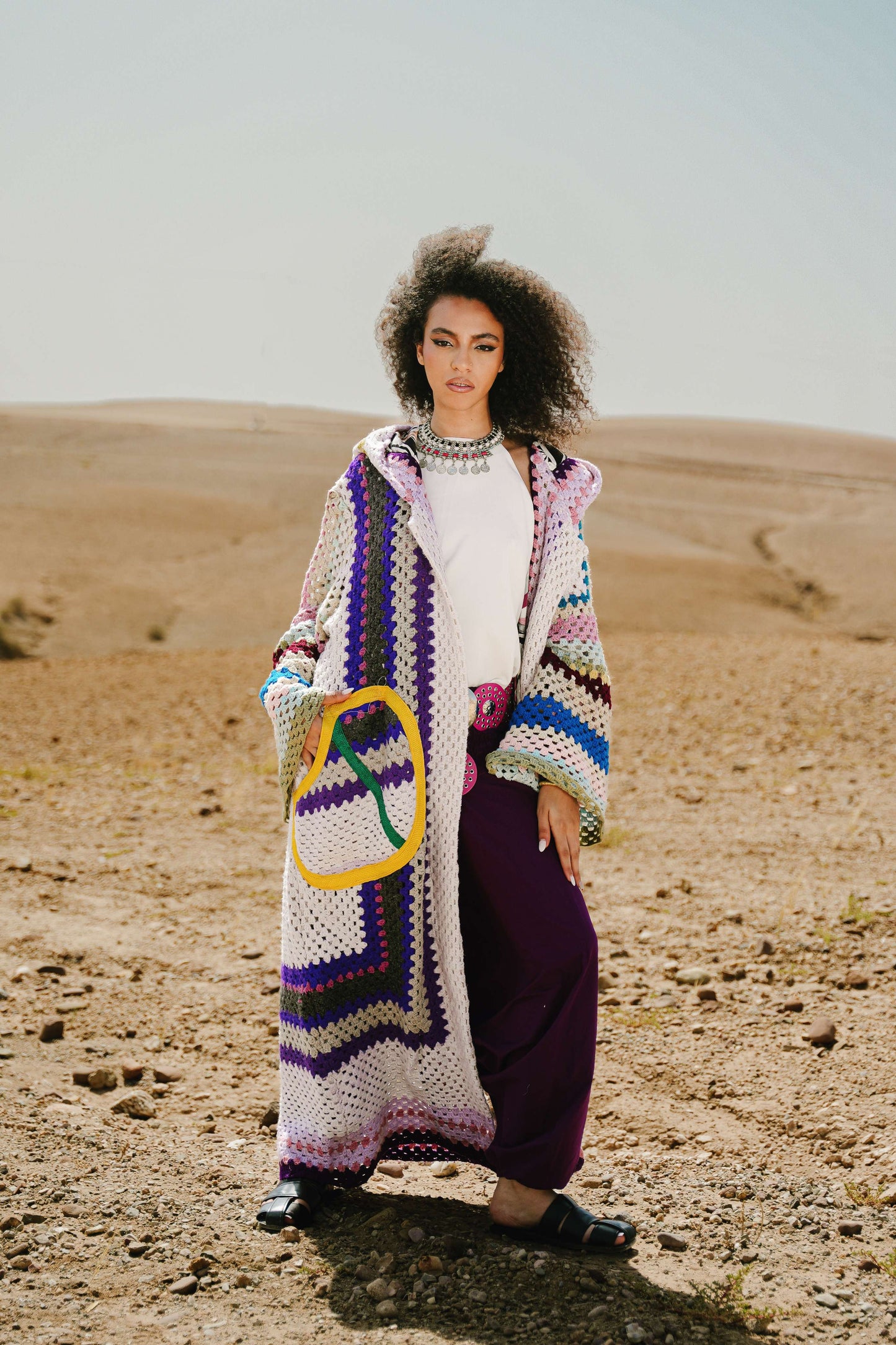 Atlas Thread Hooded Crochet Trench Coat - Violette