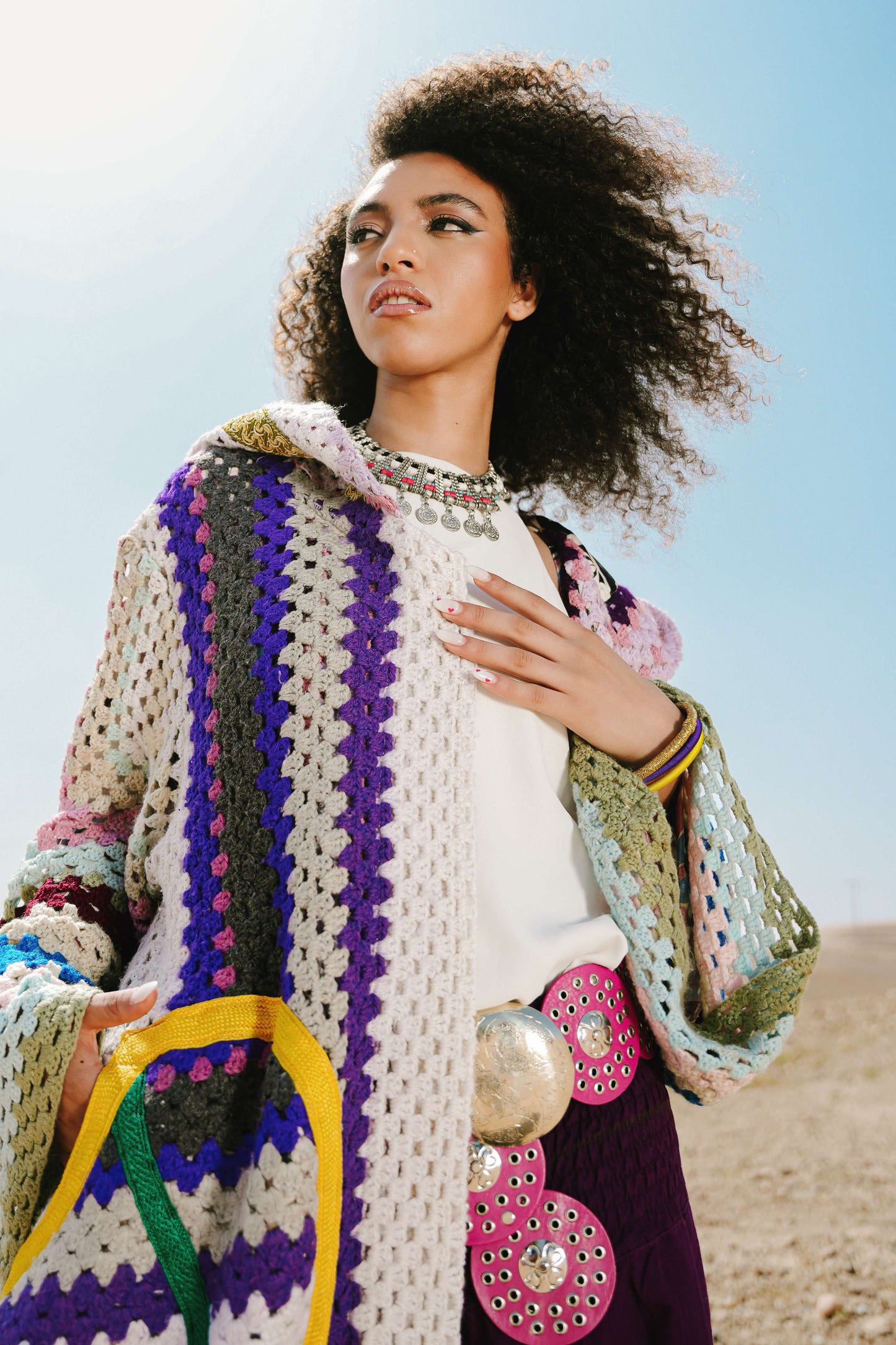 Atlas Thread Hooded Crochet Trench Coat - Violette
