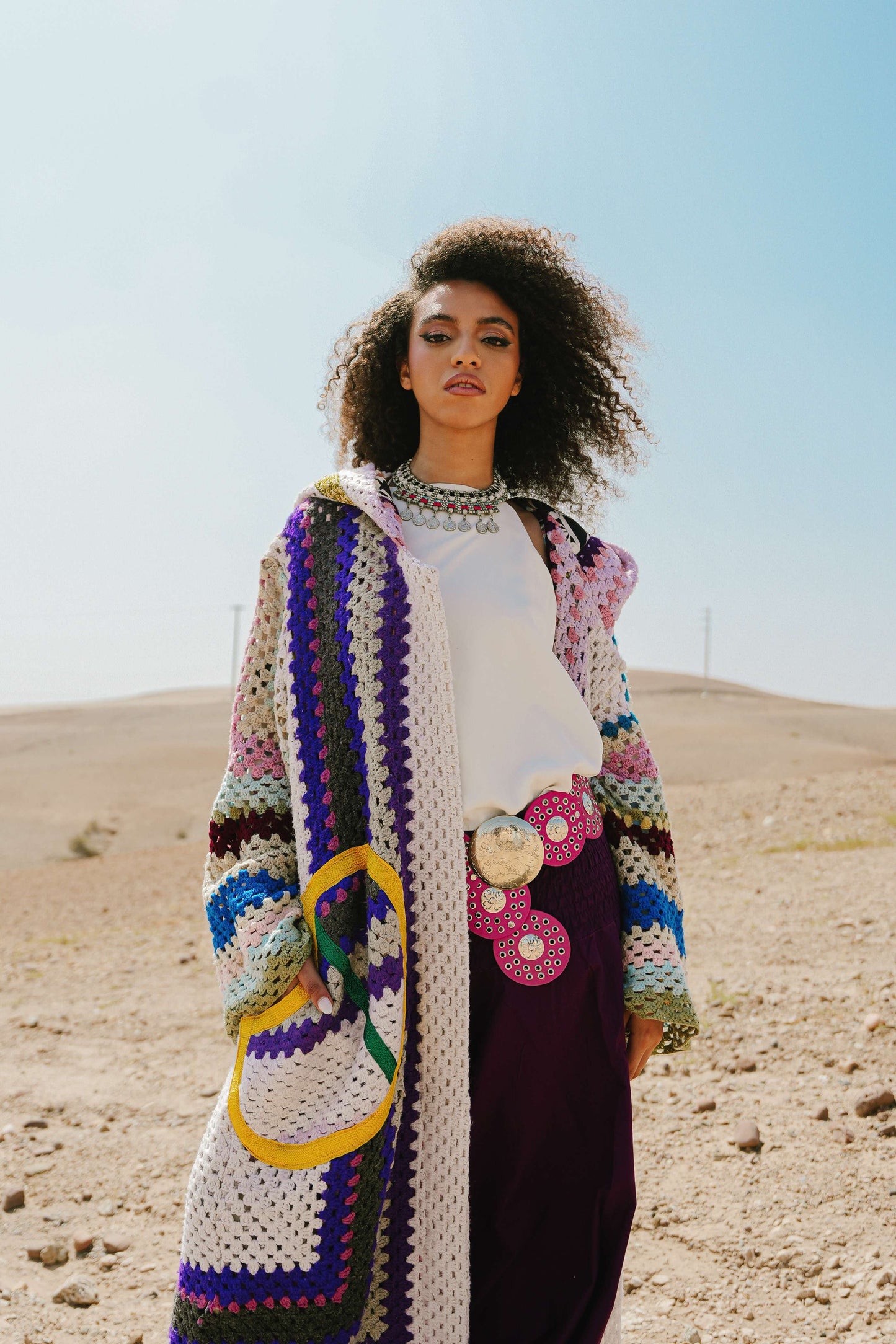 Atlas Thread Hooded Crochet Trench Coat - Violette