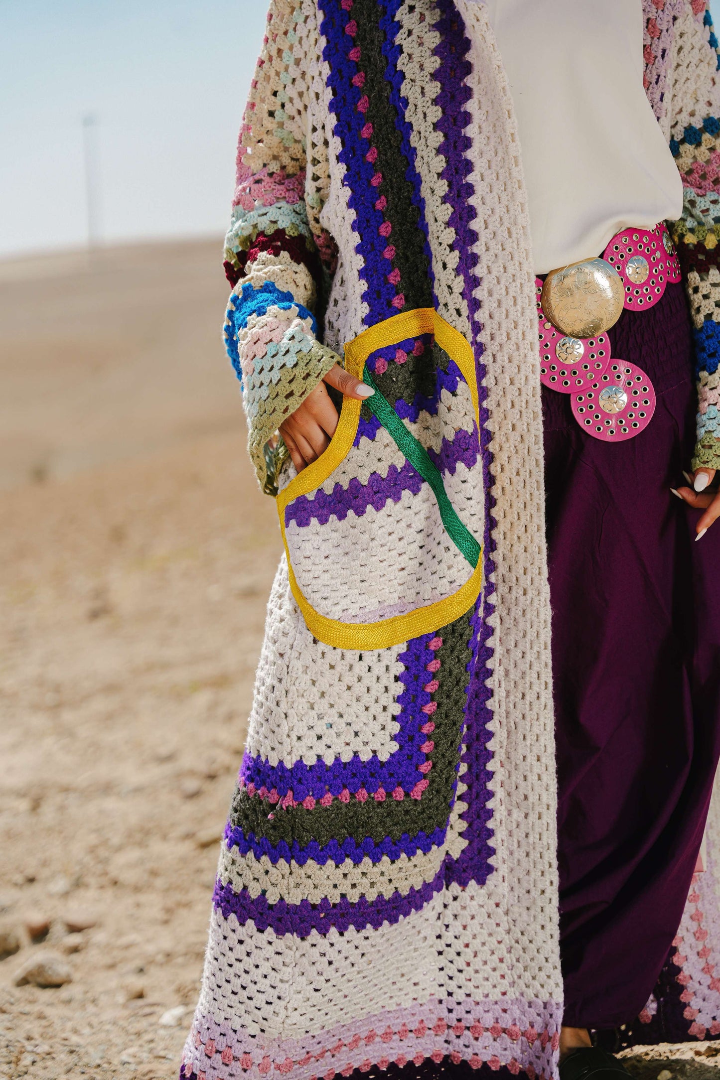Atlas Thread Hooded Crochet Trench Coat - Violette