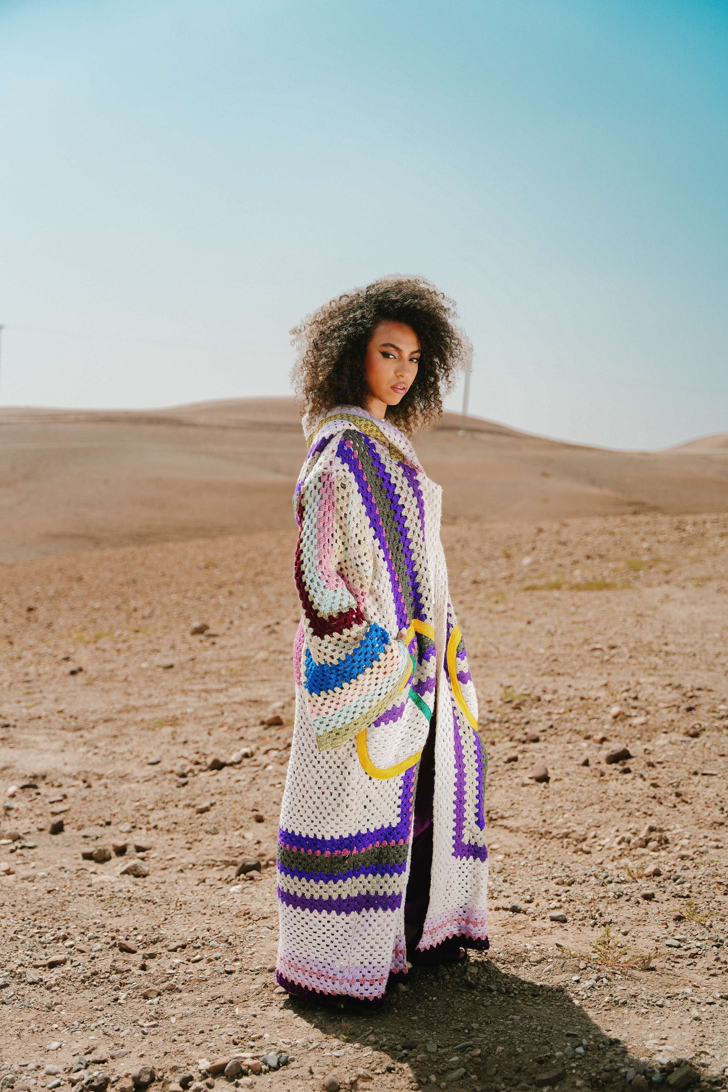 Atlas Thread Hooded Crochet Trench Coat - Violette