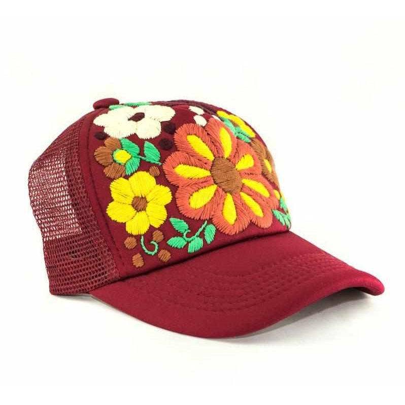 Tulum Hand Embroidered Trucker Flower Hat - Mexico: Pink Assorted