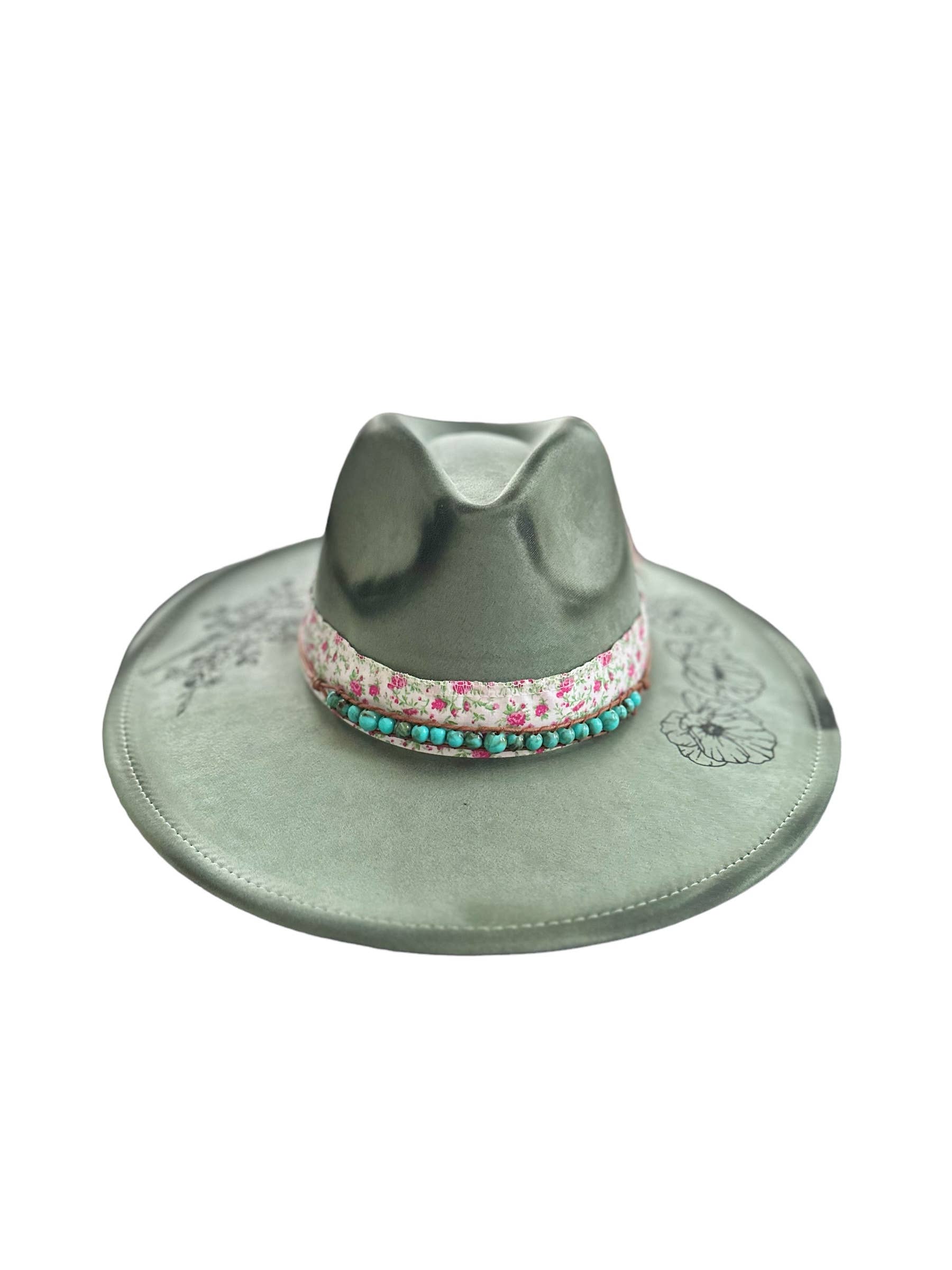 Floral Revolver Burnt Hat Rancher Cowboy: Sage FULLY DECORATED