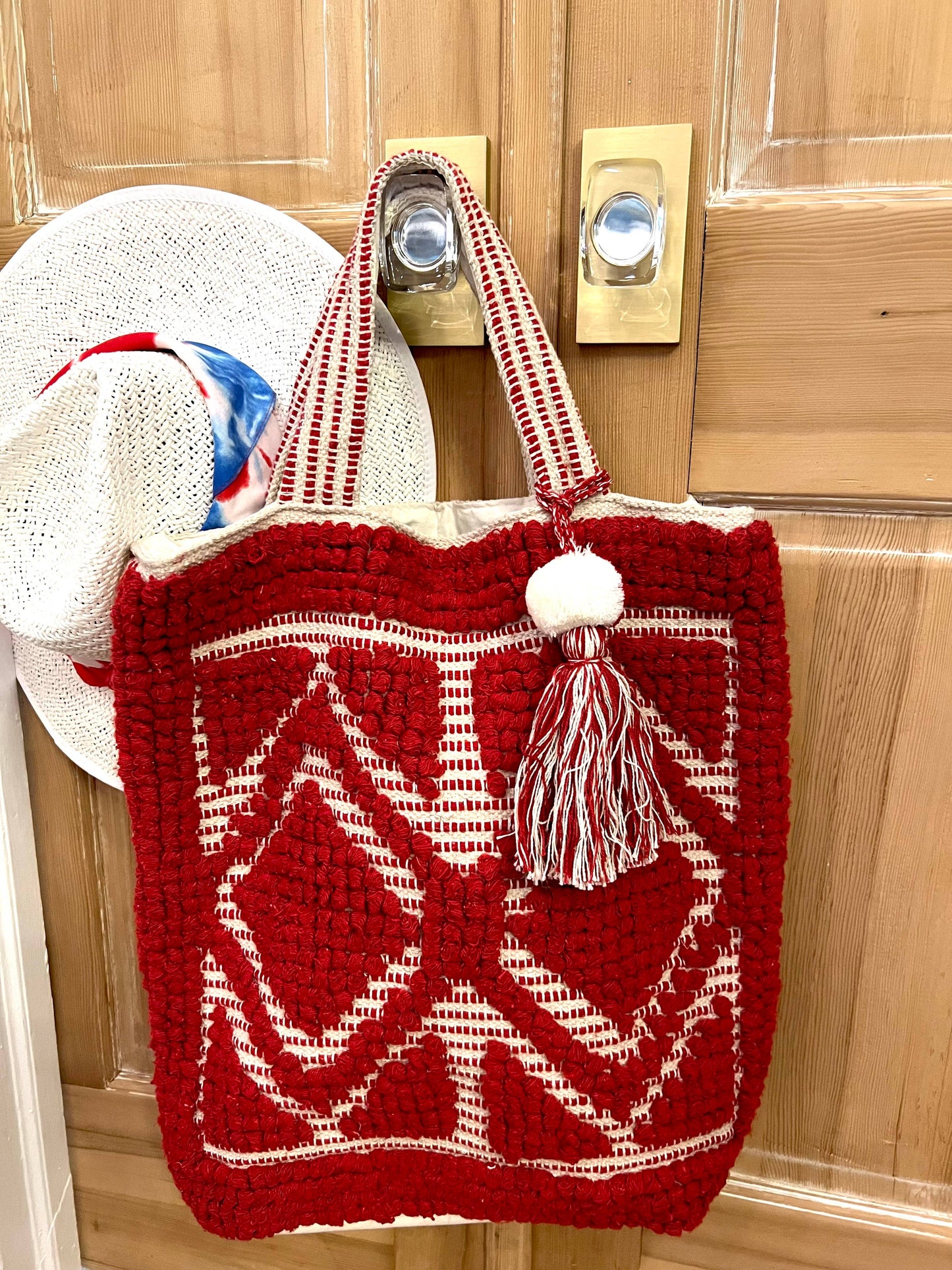 Red Woven Cotton Women's Tote Bag