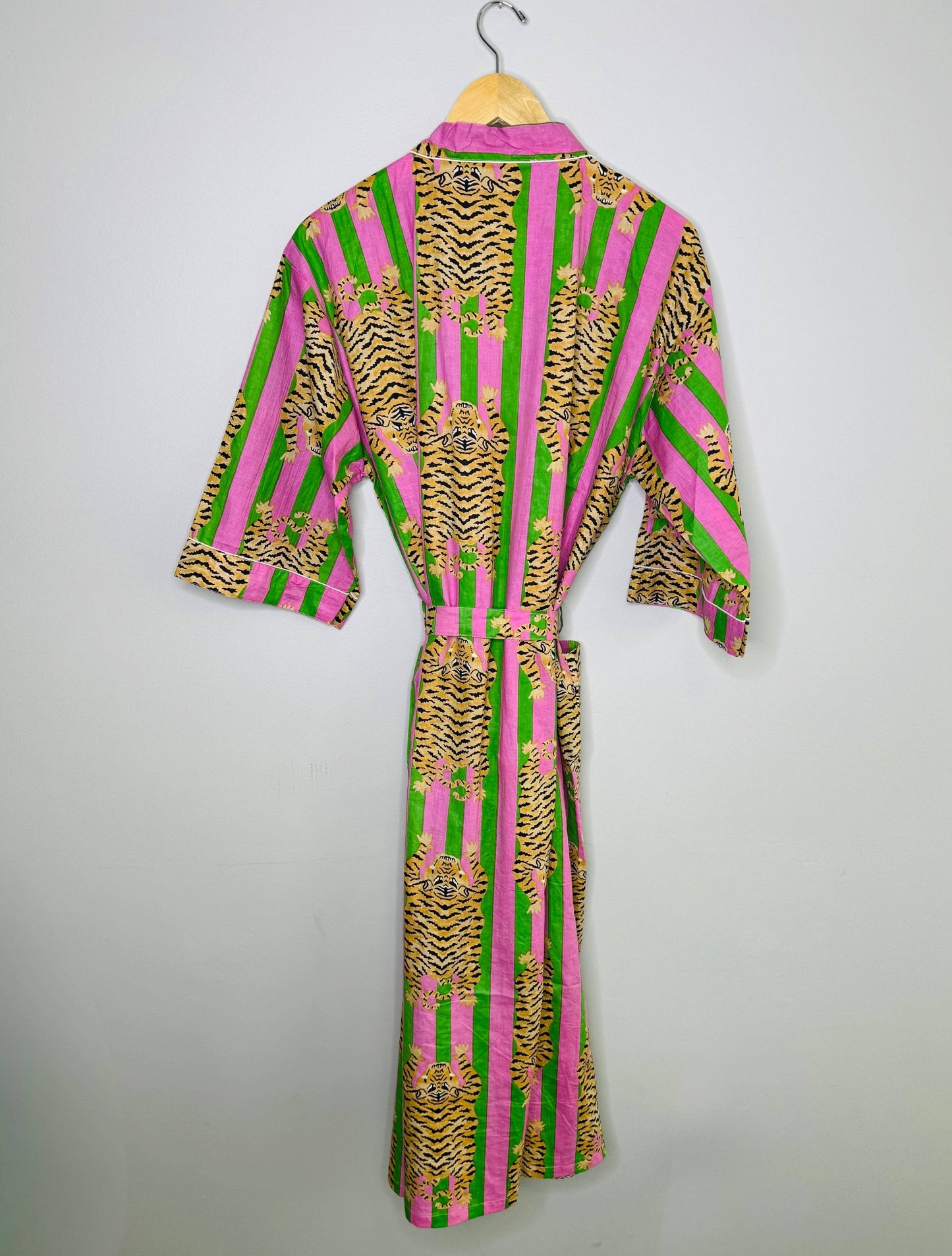 Women's Cotton Kimono Robe | Block Printed | Pink & Green