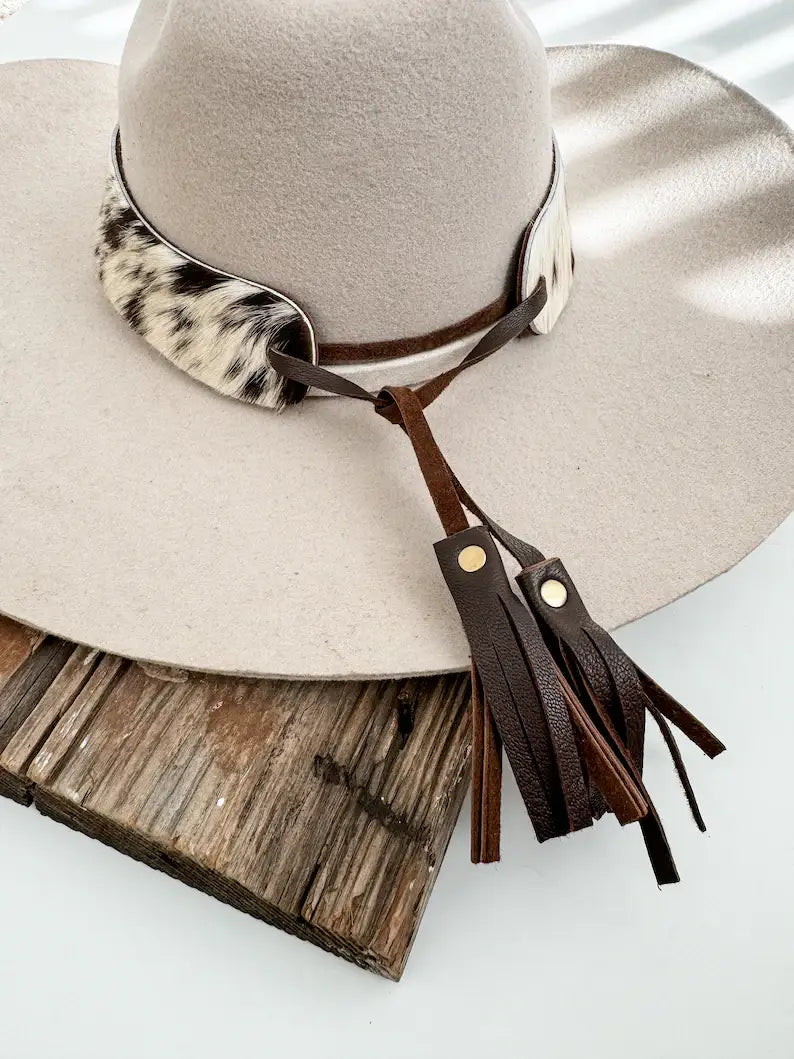 COWHIDE HAT BAND Leather Hat Band leather ties | TAN + WHITE COWHIDE