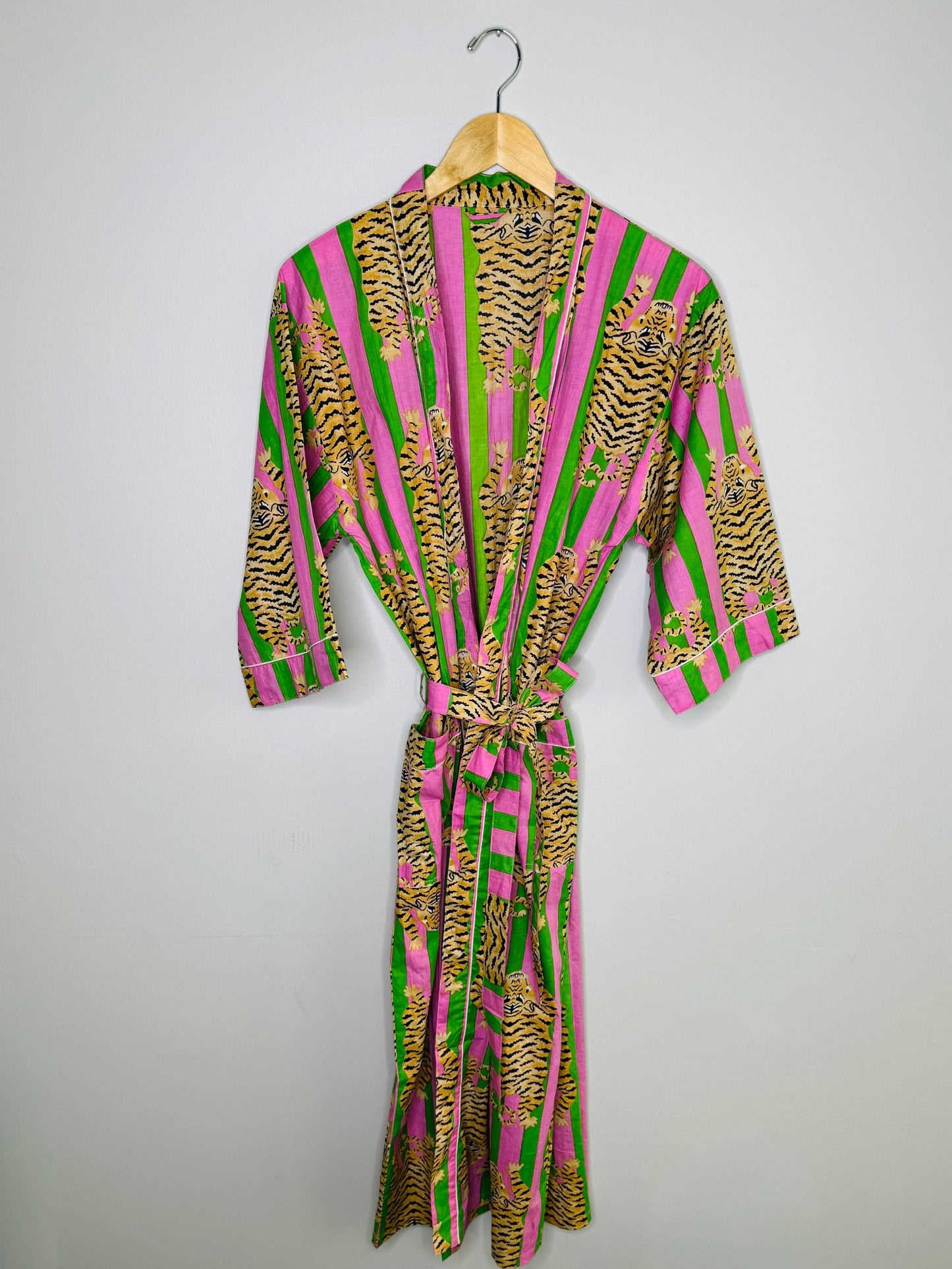 Women's Cotton Kimono Robe | Block Printed | Pink & Green