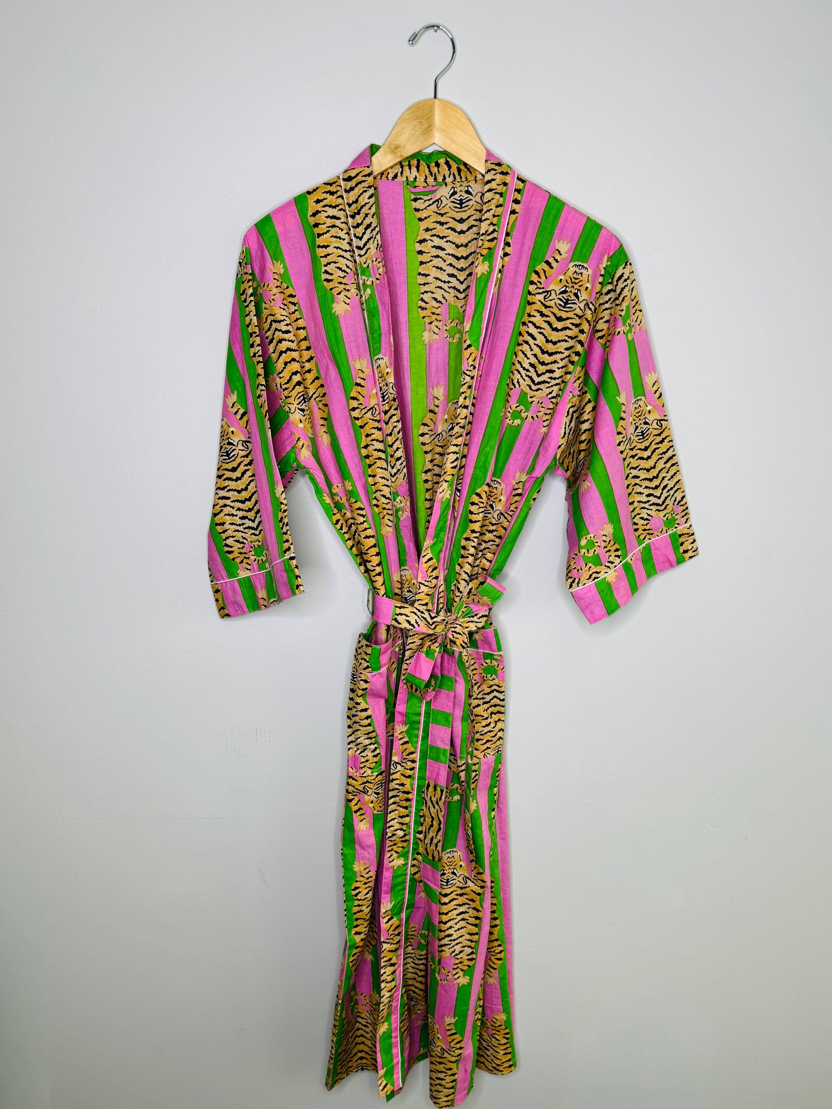 Women's Cotton Kimono Robe | Block Printed | Pink & Green