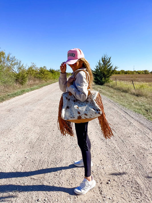 XL Duffle Bag - Leather HairOn Cowhide Travel Weekender: Tan + White Cowhide