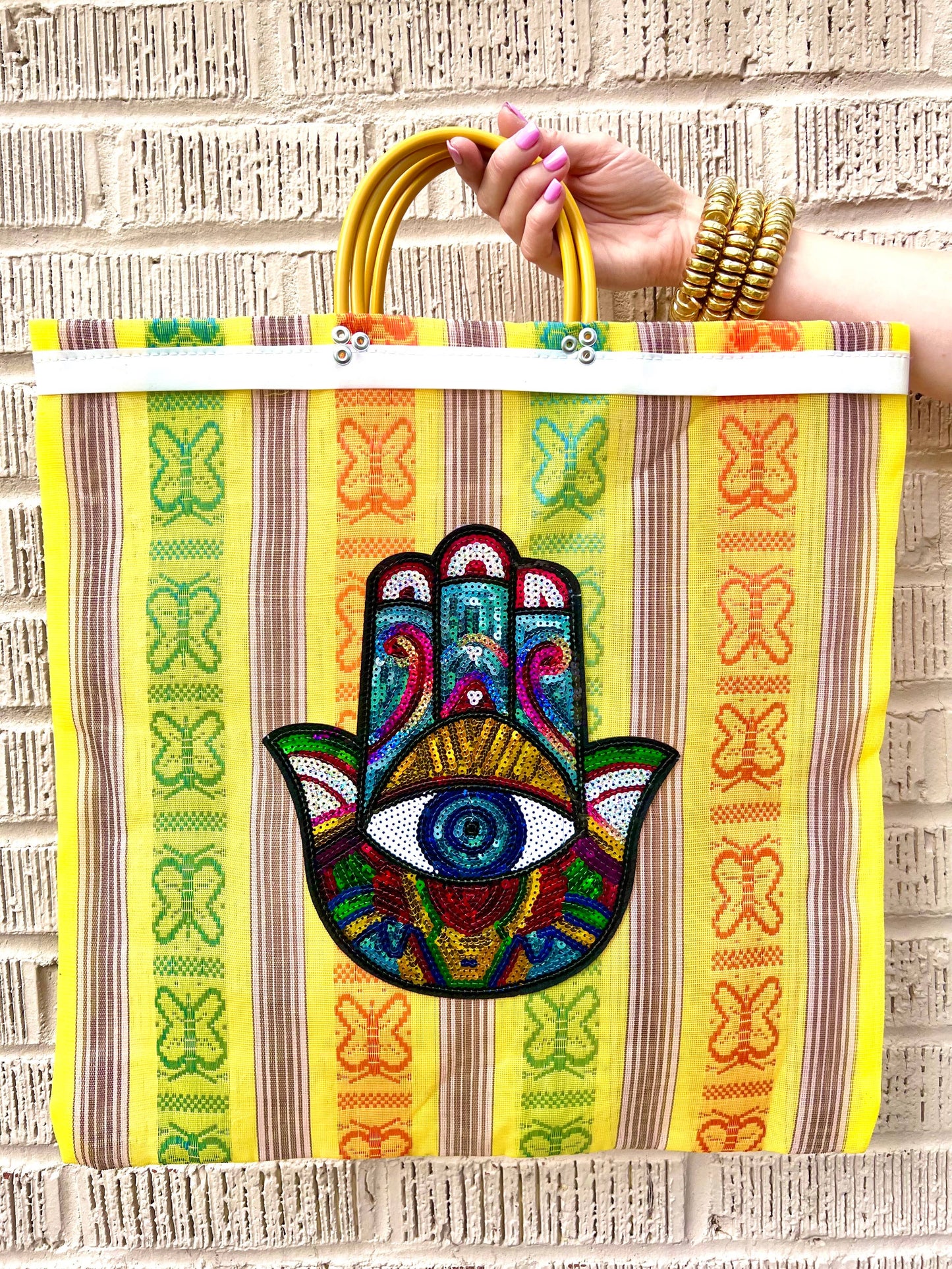 Glitter Patch Tote: Yellow multi hamsa