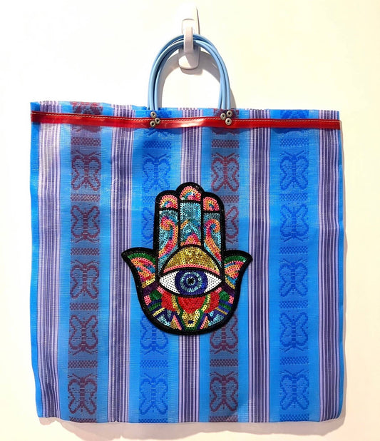 Glitter Patch Tote: Blue multi hamsa