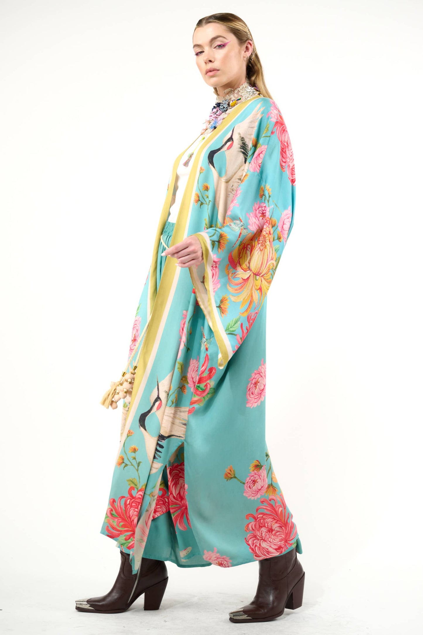 The Legend of the Crane Maxi Kimono  / Topper : Vintage Emerald / One Size