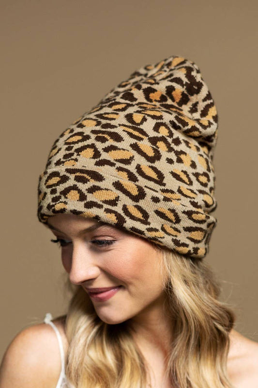 Leopard Print Knit Beanie: Charcoal