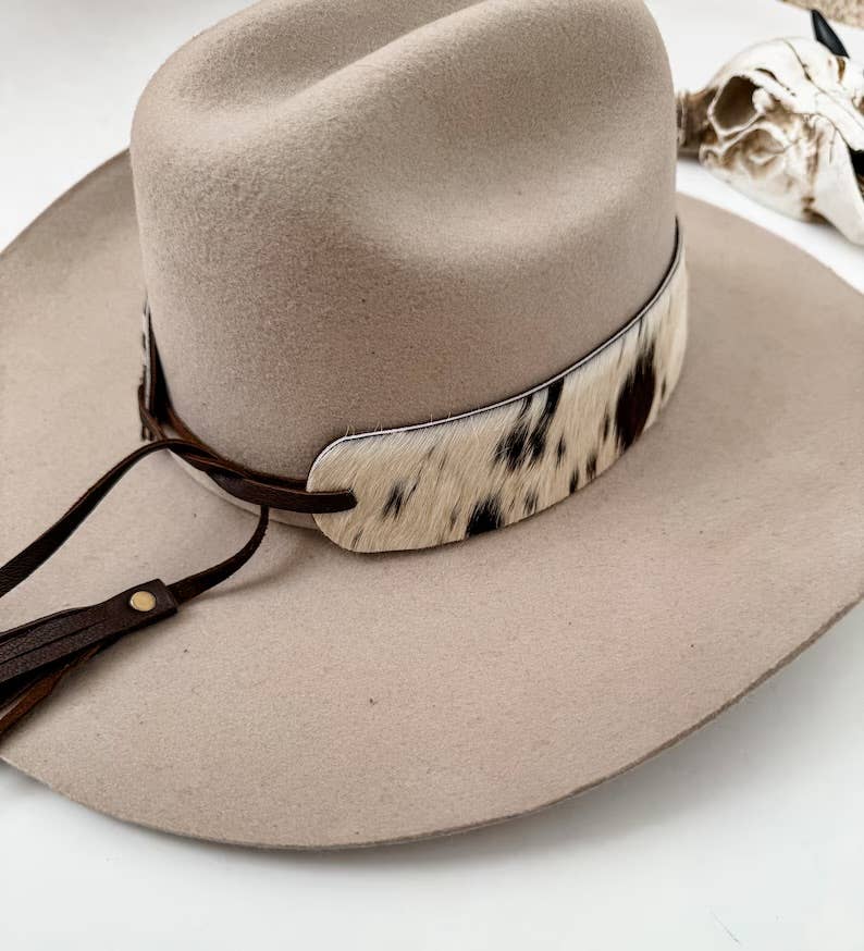 COWHIDE HAT BAND Leather Hat Band leather ties | TAN + WHITE COWHIDE