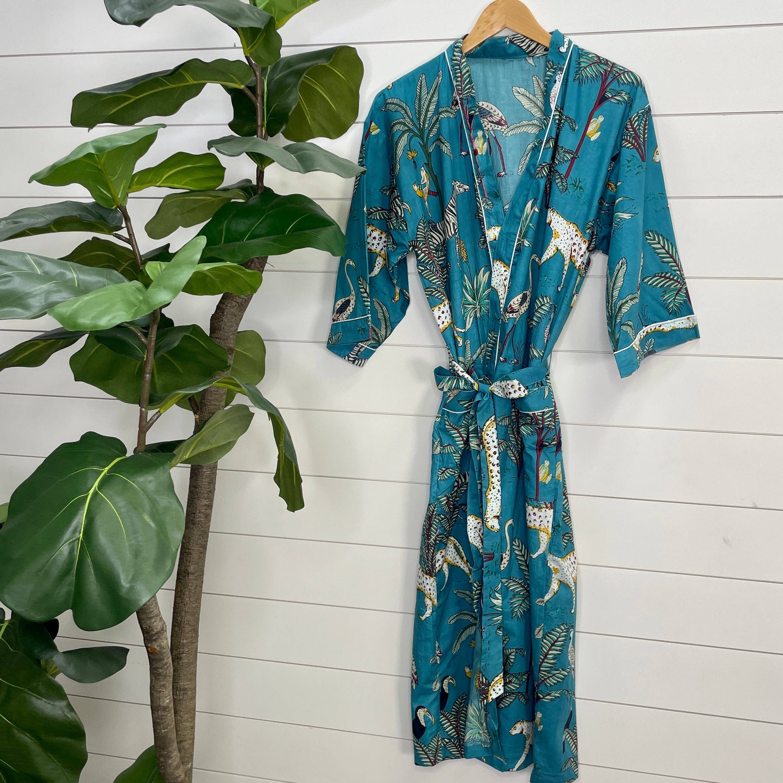 Women's Cotton Kimono Robe | Block Printed | Sapphire Safari