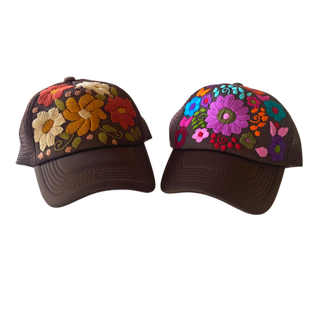 Tulum Hand Embroidered Trucker Flower Hat - Mexico: Brown Assorted