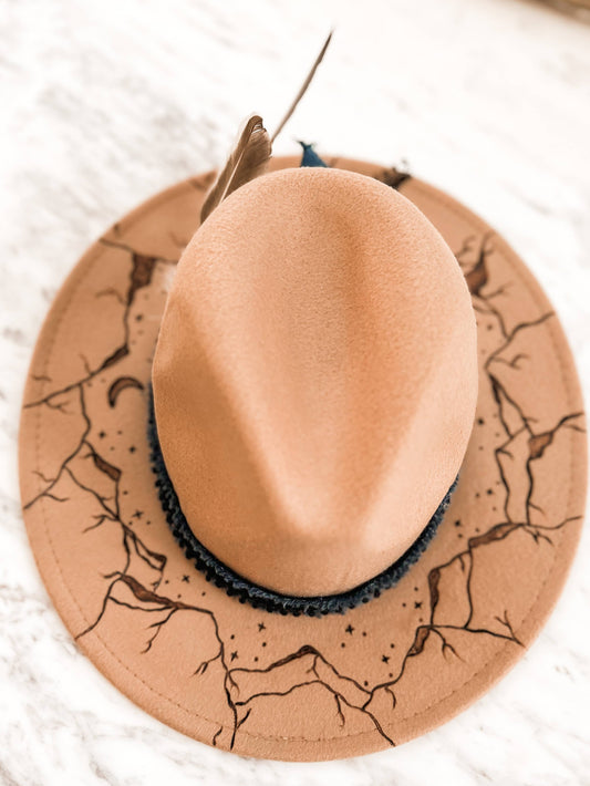 Hand Burnt Mountain Cowboy Hat| Moon Stars| Fedora: Tan / Rancher Hat