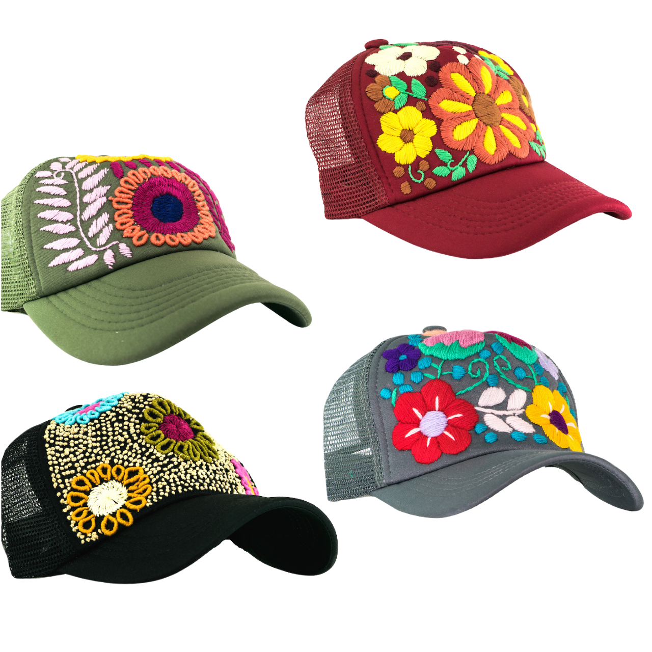 Tulum Hand Embroidered Trucker Flower Hat - Mexico: Pink Assorted