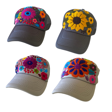 Tulum Hand Embroidered Trucker Flower Hat - Mexico: Grey Assorted