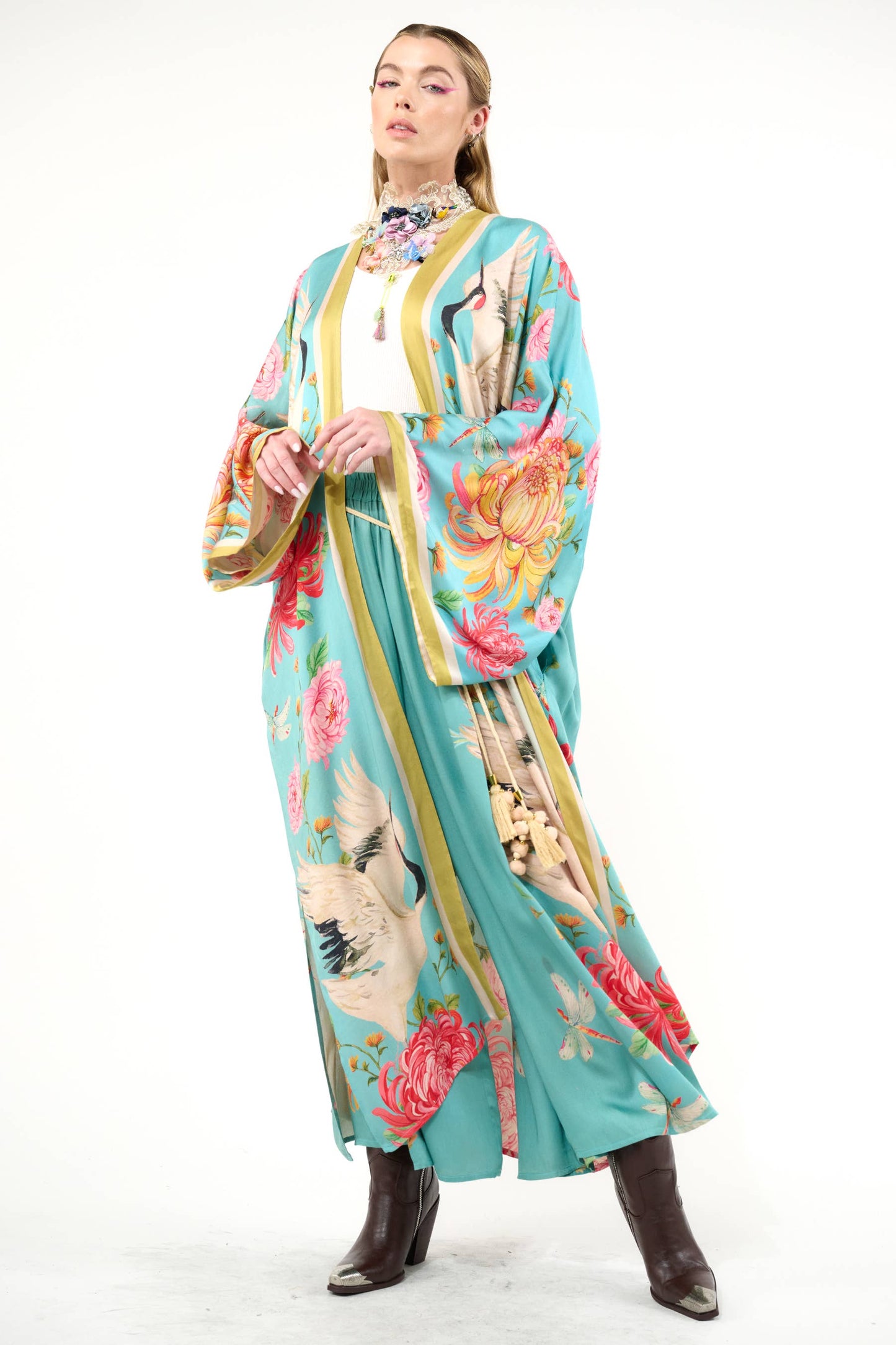 The Legend of the Crane Maxi Kimono  / Topper : Vintage Emerald / One Size