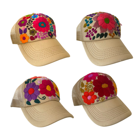 Tulum Hand Embroidered Trucker Flower Hat - Mexico: Beige Assorted