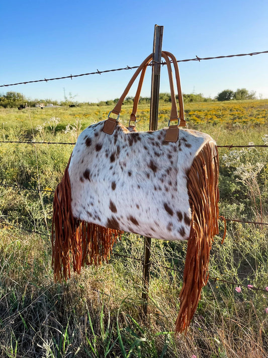 Yeehaw Weekender Bag : Tan + White Cowhide