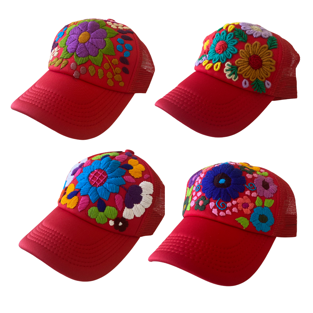 Tulum Hand Embroidered Trucker Flower Hat - Mexico: Pink Assorted