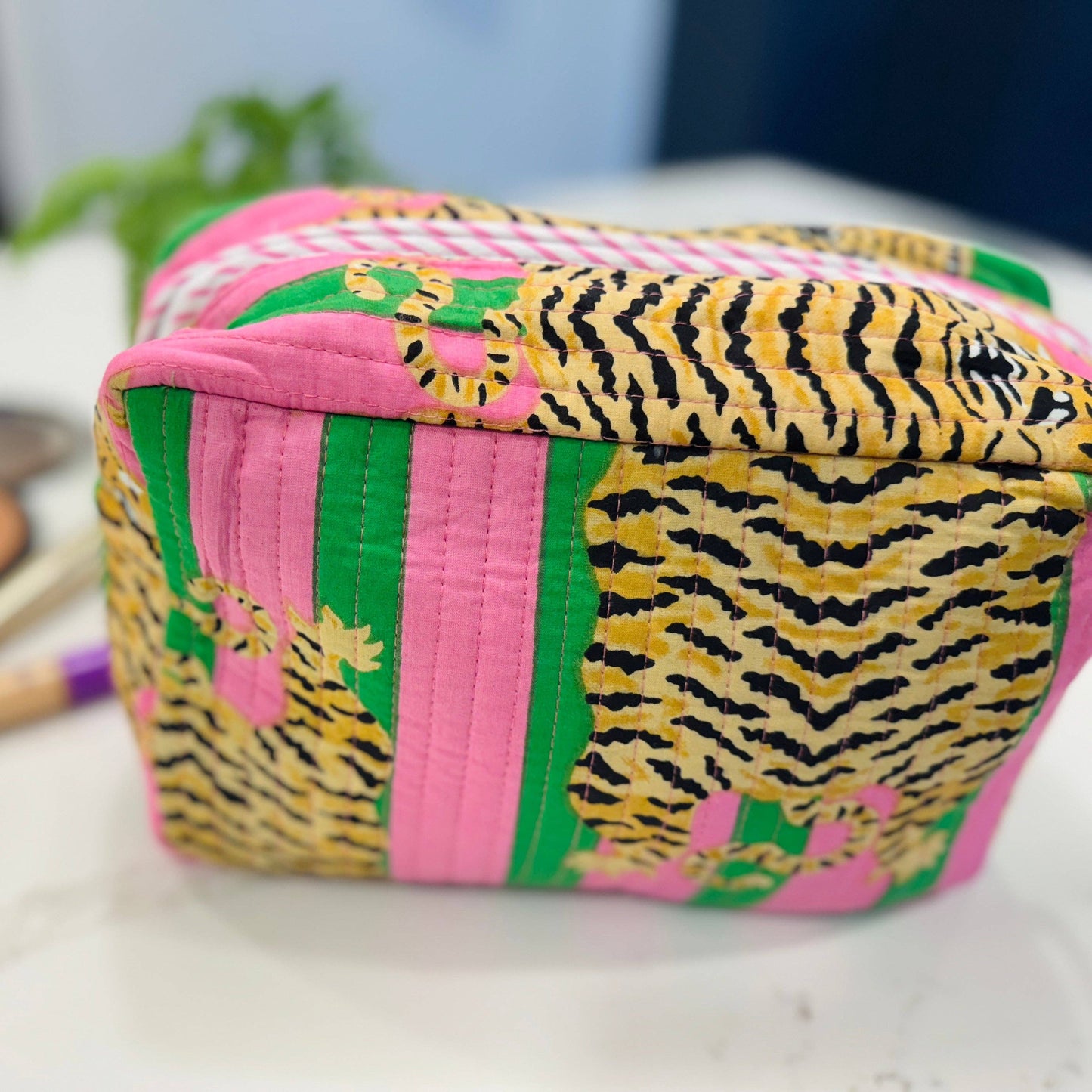 Scalloped Makeup Travel Toiletry Bag | Pink Green Tiger Stripe