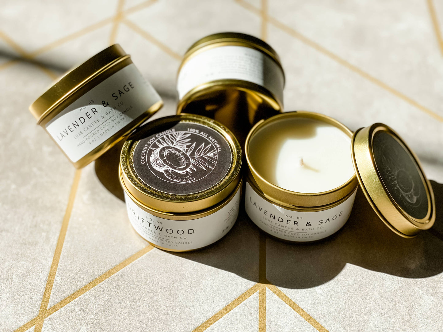 Luxe Gold Travel Tin Candle: Fig Leaf & Amber