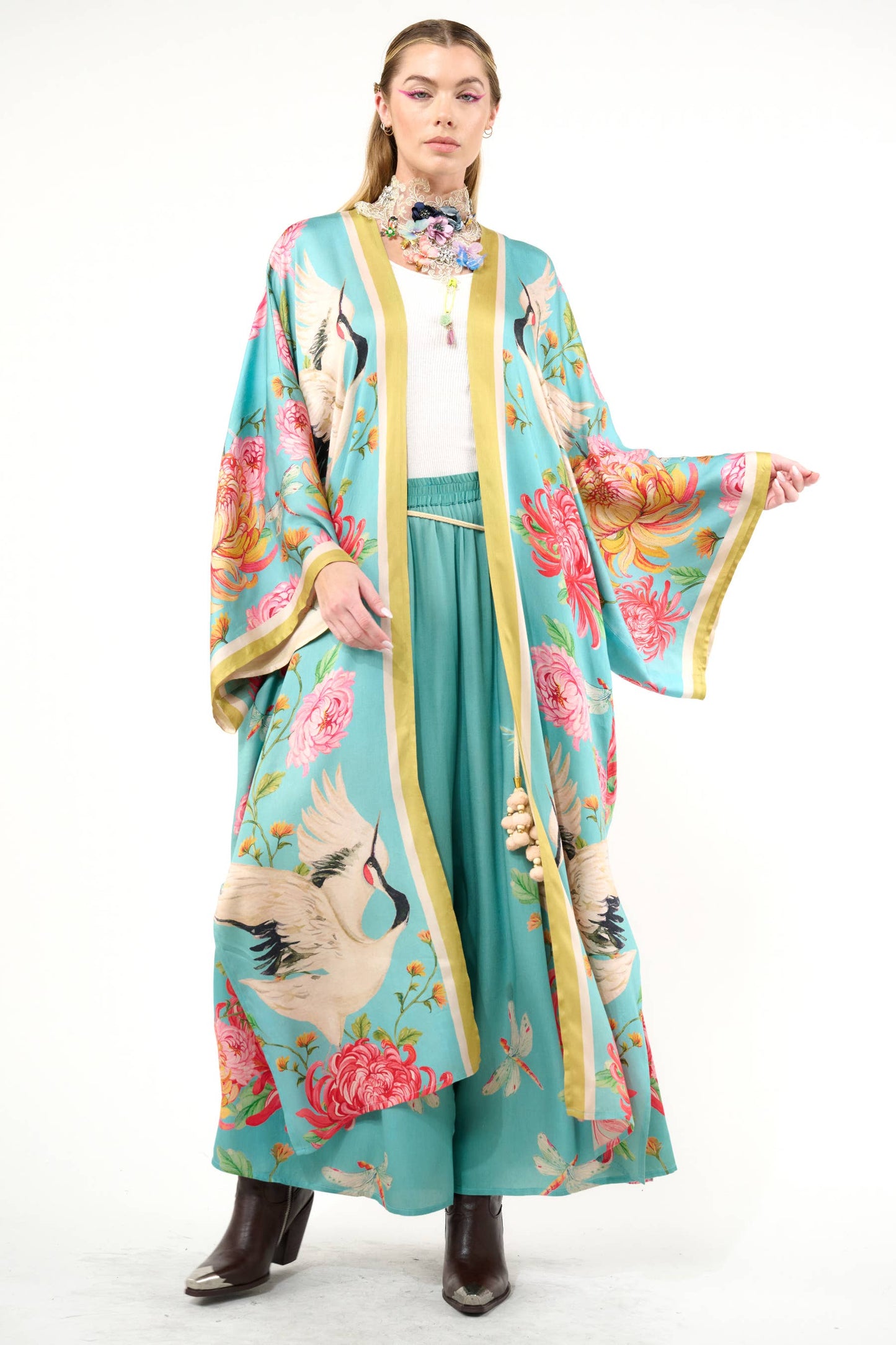 The Legend of the Crane Maxi Kimono  / Topper : Vintage Emerald / One Size