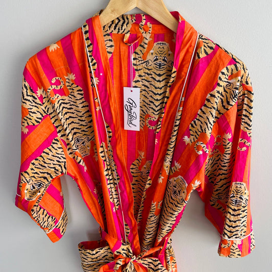 POPULAR 100% Cotton Block Printed Kimono Robe- Orange Tiger