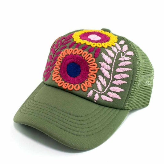 Tulum Hand Embroidered Trucker Flower Hat - Mexico: Green