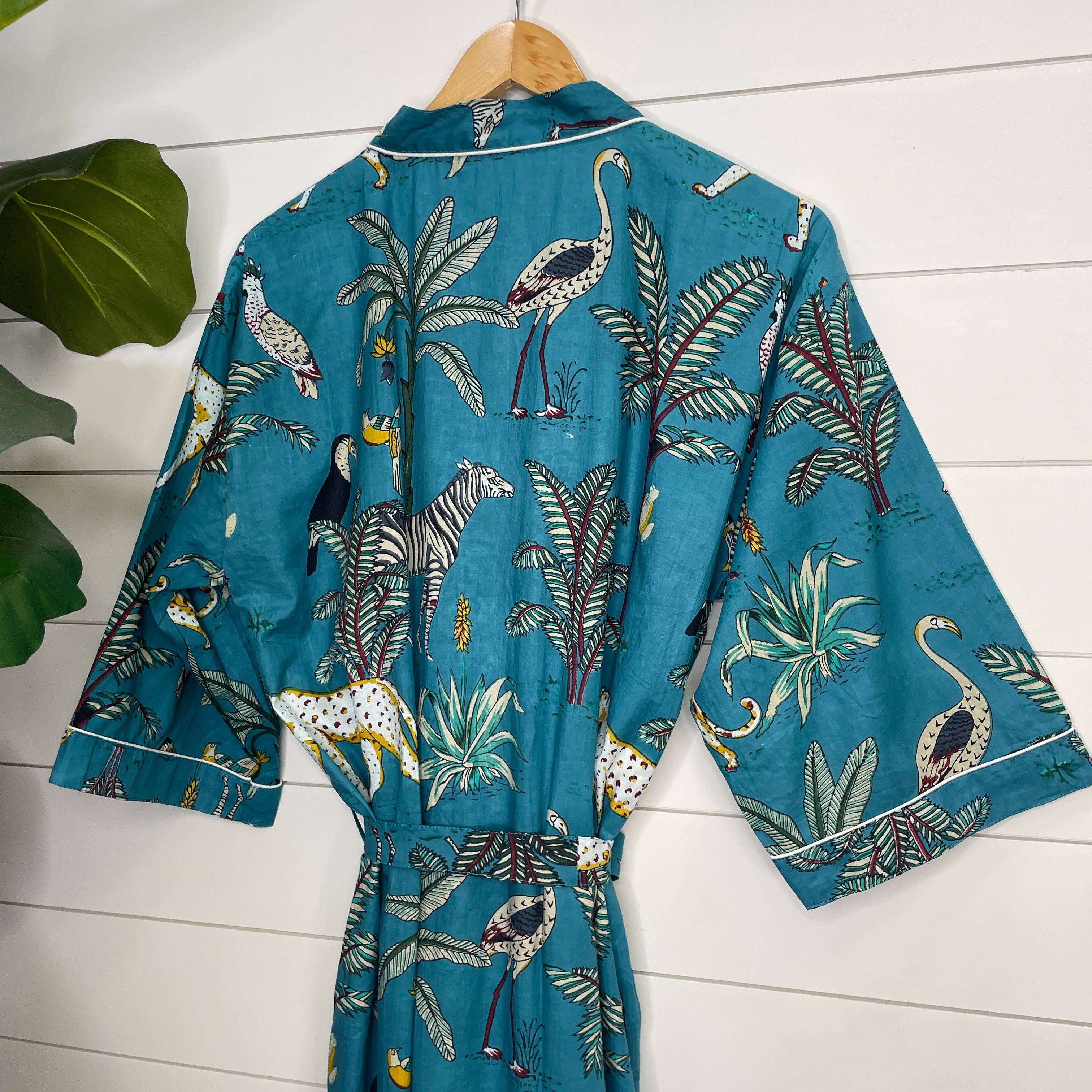 Women's Cotton Kimono Robe | Block Printed | Sapphire Safari