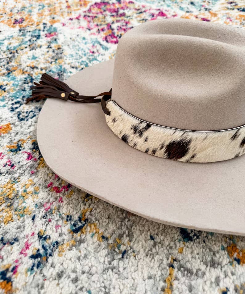 COWHIDE HAT BAND Leather Hat Band leather ties | TAN + WHITE COWHIDE