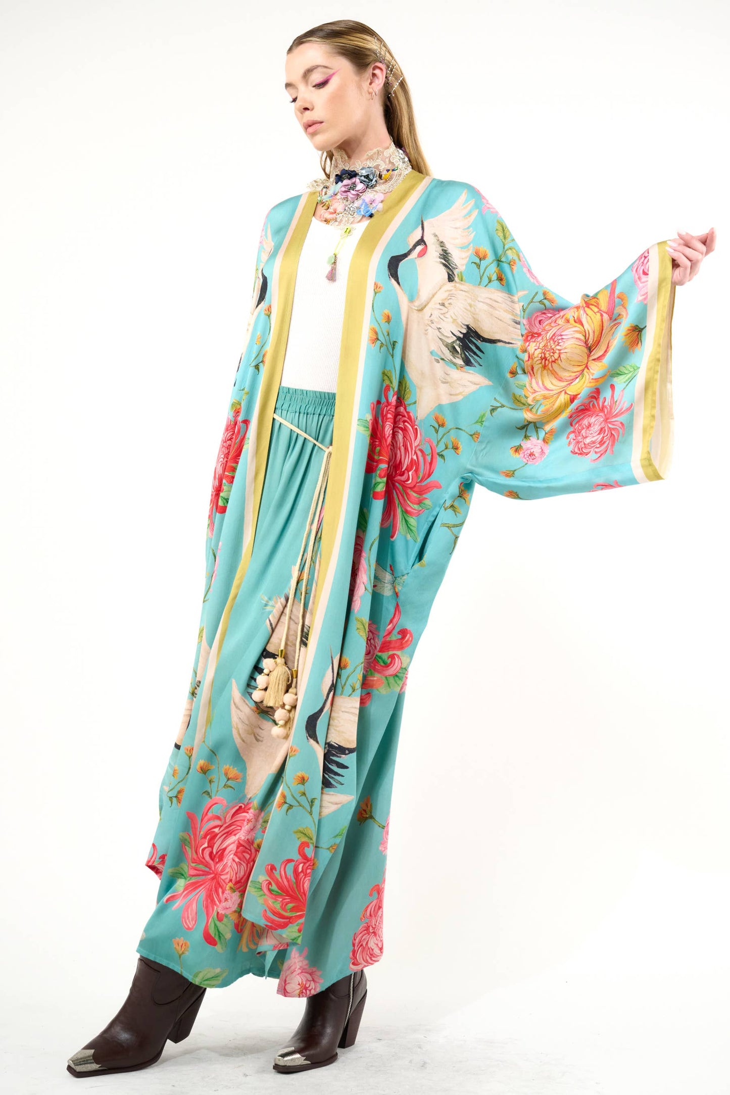 The Legend of the Crane Maxi Kimono  / Topper : Vintage Emerald / One Size