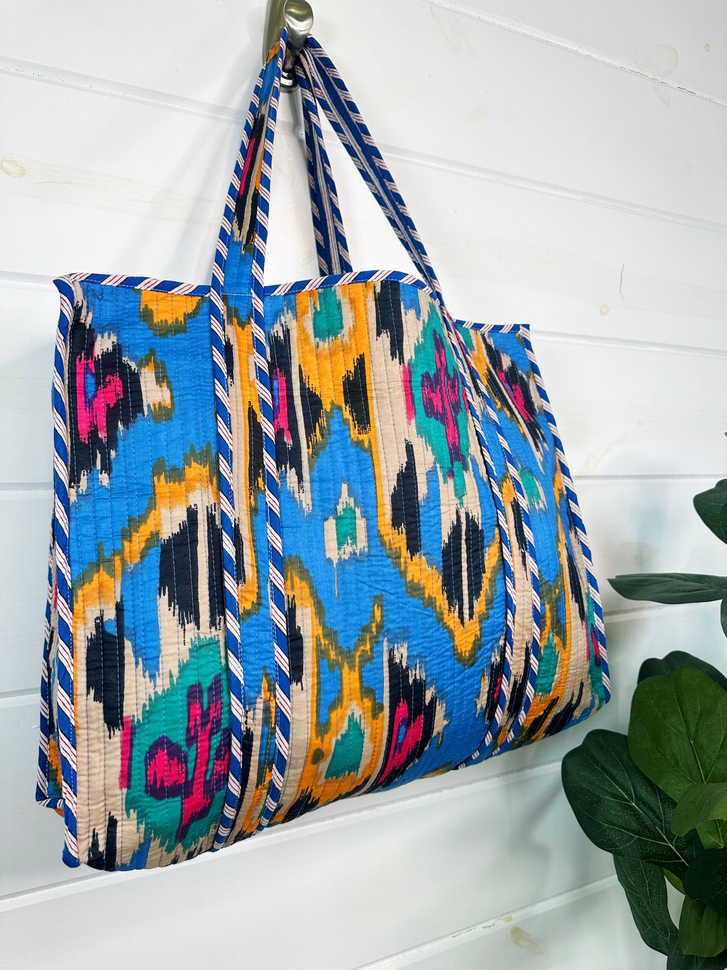 Quilted Tote Bag | Blue Ikat Tote | Large Shopping Tote Bag