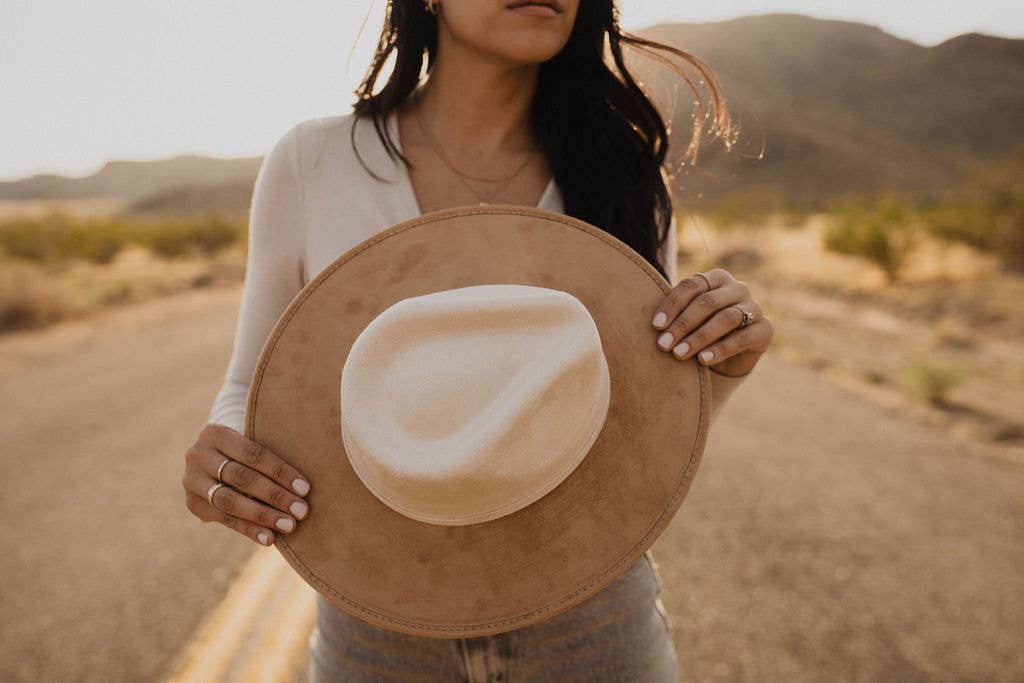 Vegan Suede Bi-Color Rancher Hats: Ivory Top/Tan Bottom