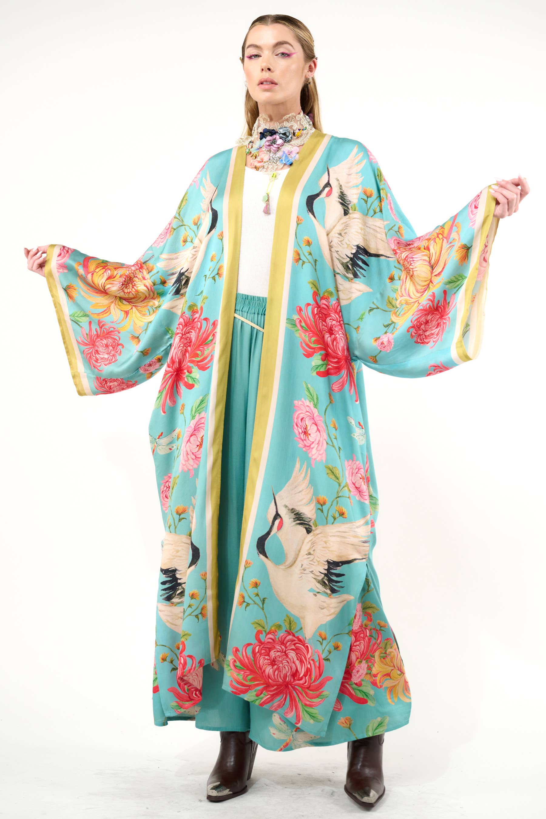 The Legend of the Crane Maxi Kimono  / Topper : Vintage Emerald / One Size