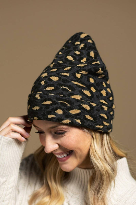 Leopard Print Knit Beanie: Charcoal