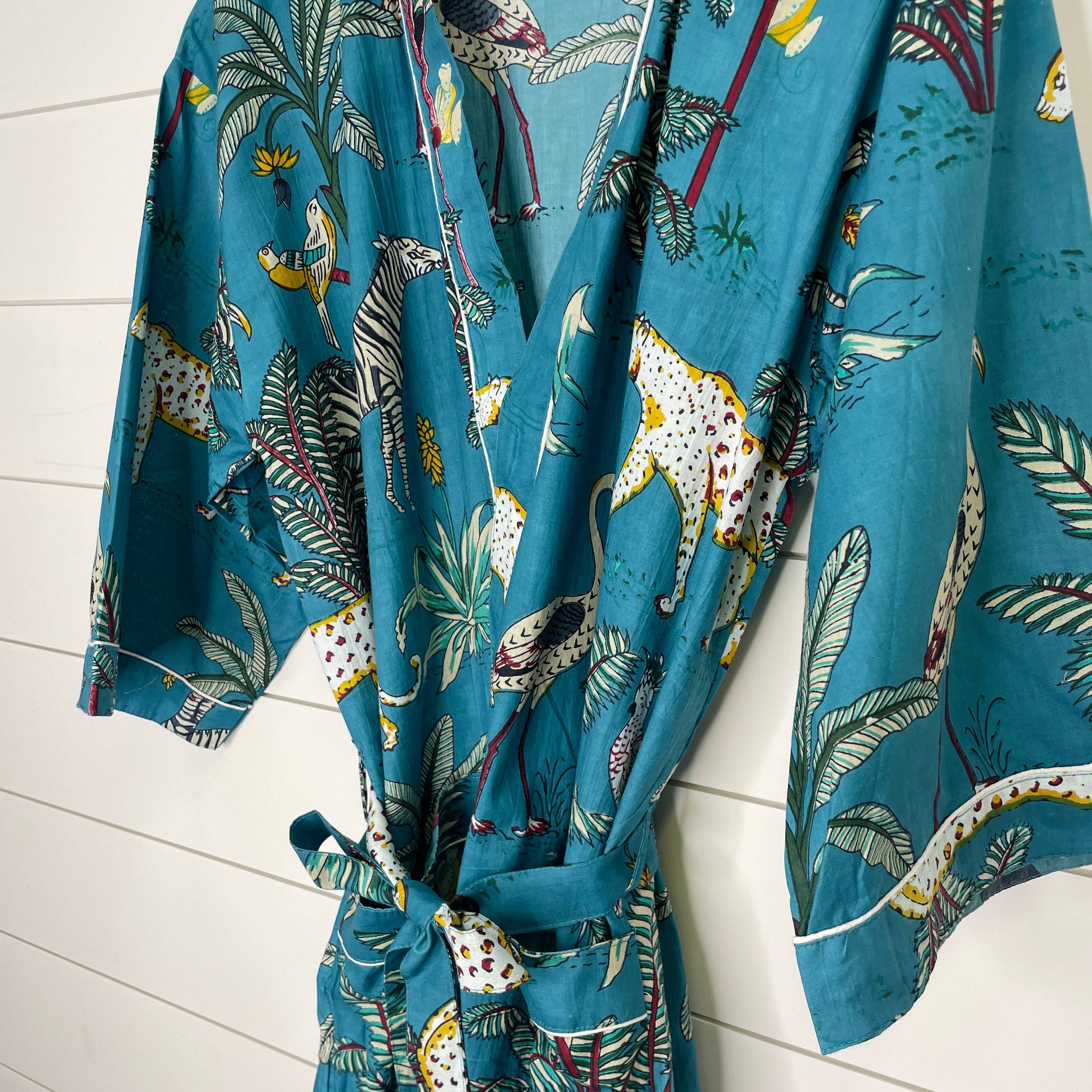 Women's Cotton Kimono Robe | Block Printed | Sapphire Safari