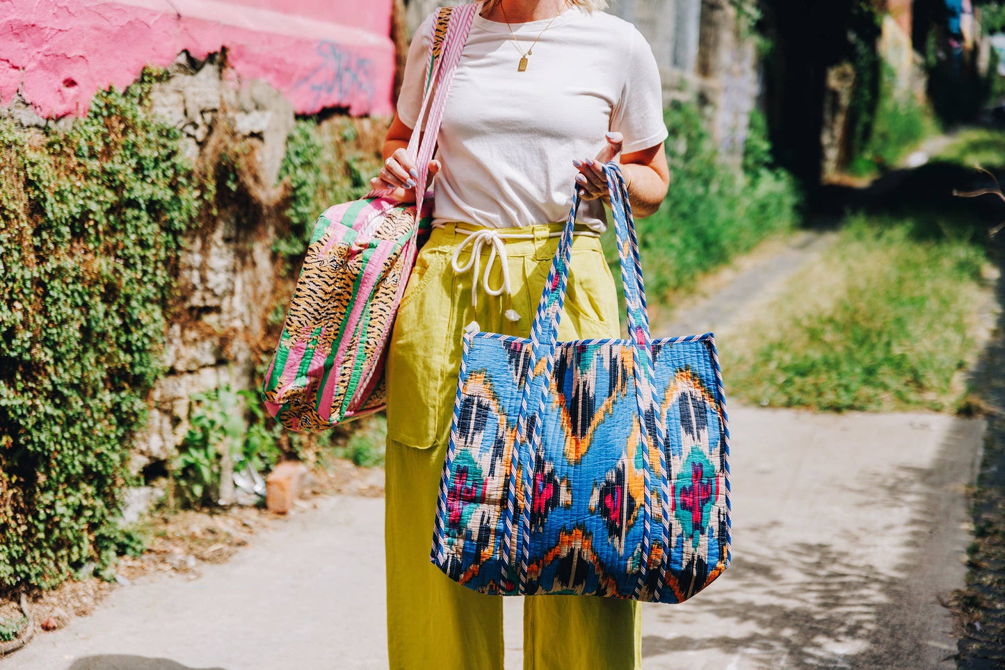 Quilted Tote Bag | Blue Ikat Tote | Large Shopping Tote Bag