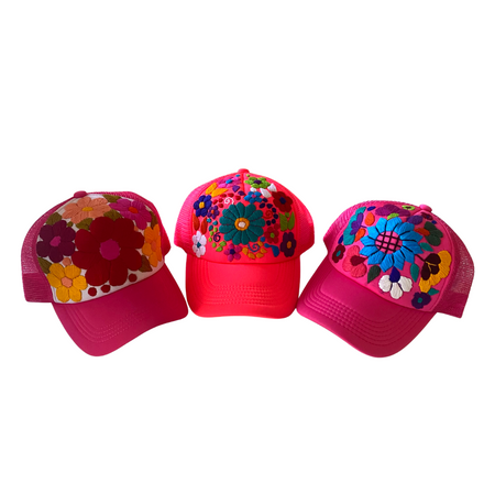 Tulum Hand Embroidered Trucker Flower Hat - Mexico: Pink Assorted