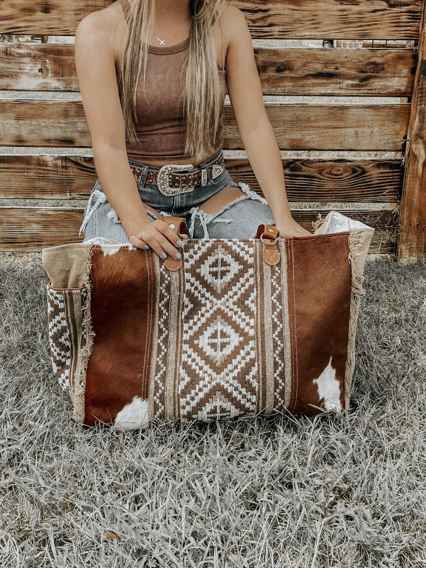 Brown Cowhide Myra Weekender Bag