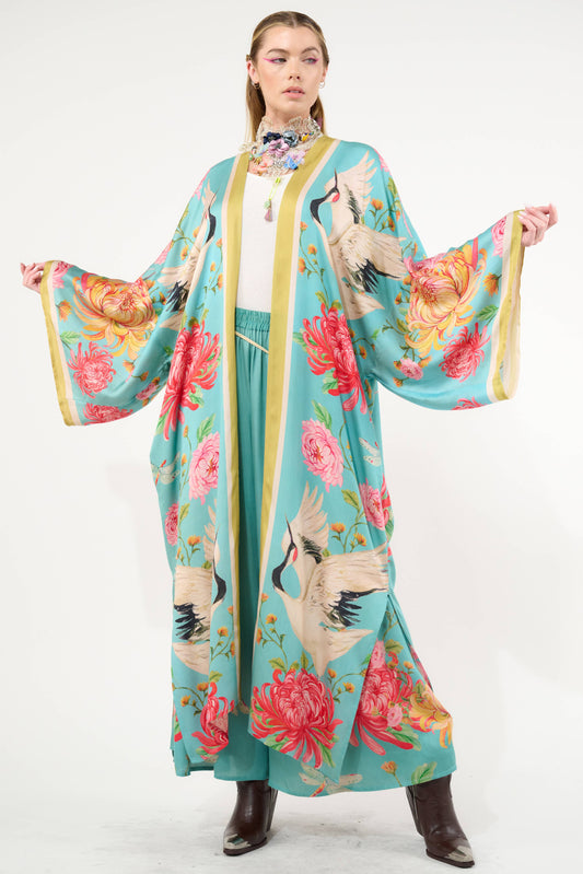 The Legend of the Crane Maxi Kimono  / Topper : Vintage Emerald / One Size