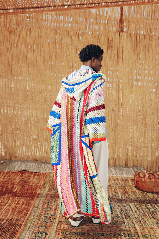 Atlas Thread Hooded Crochet Trench Coat - Bloom