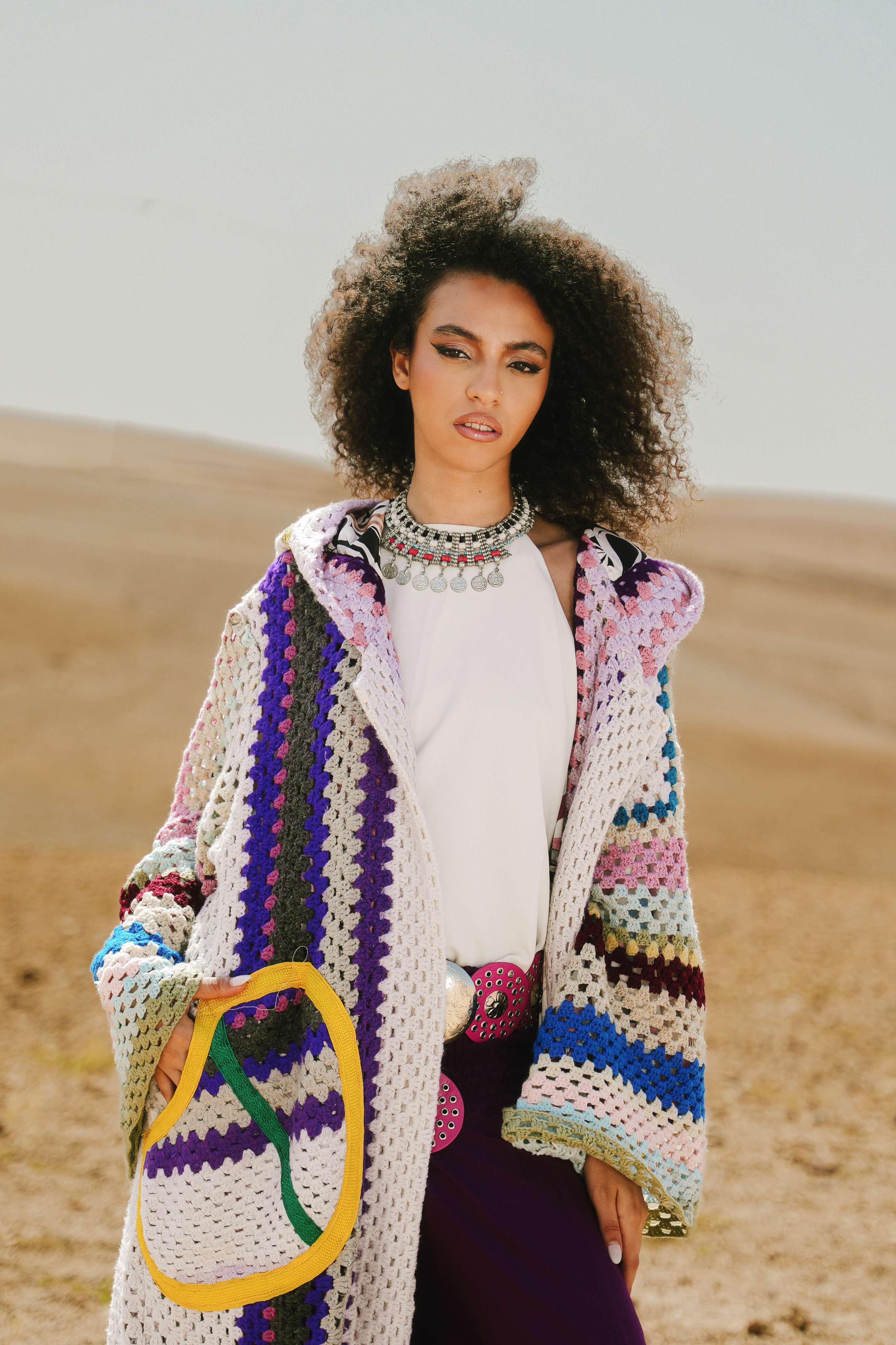 Atlas Thread Hooded Crochet Trench Coat - Violette