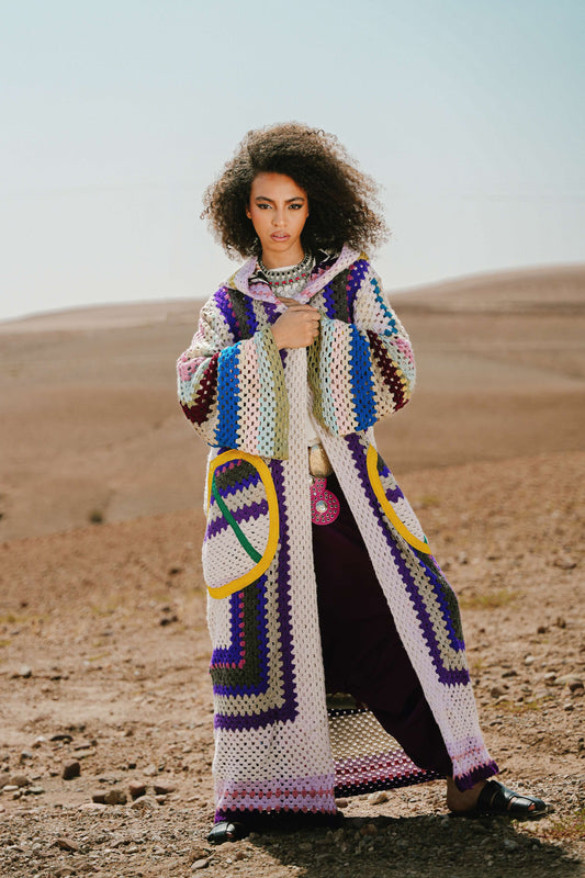 Atlas Thread Hooded Crochet Trench Coat - Violette