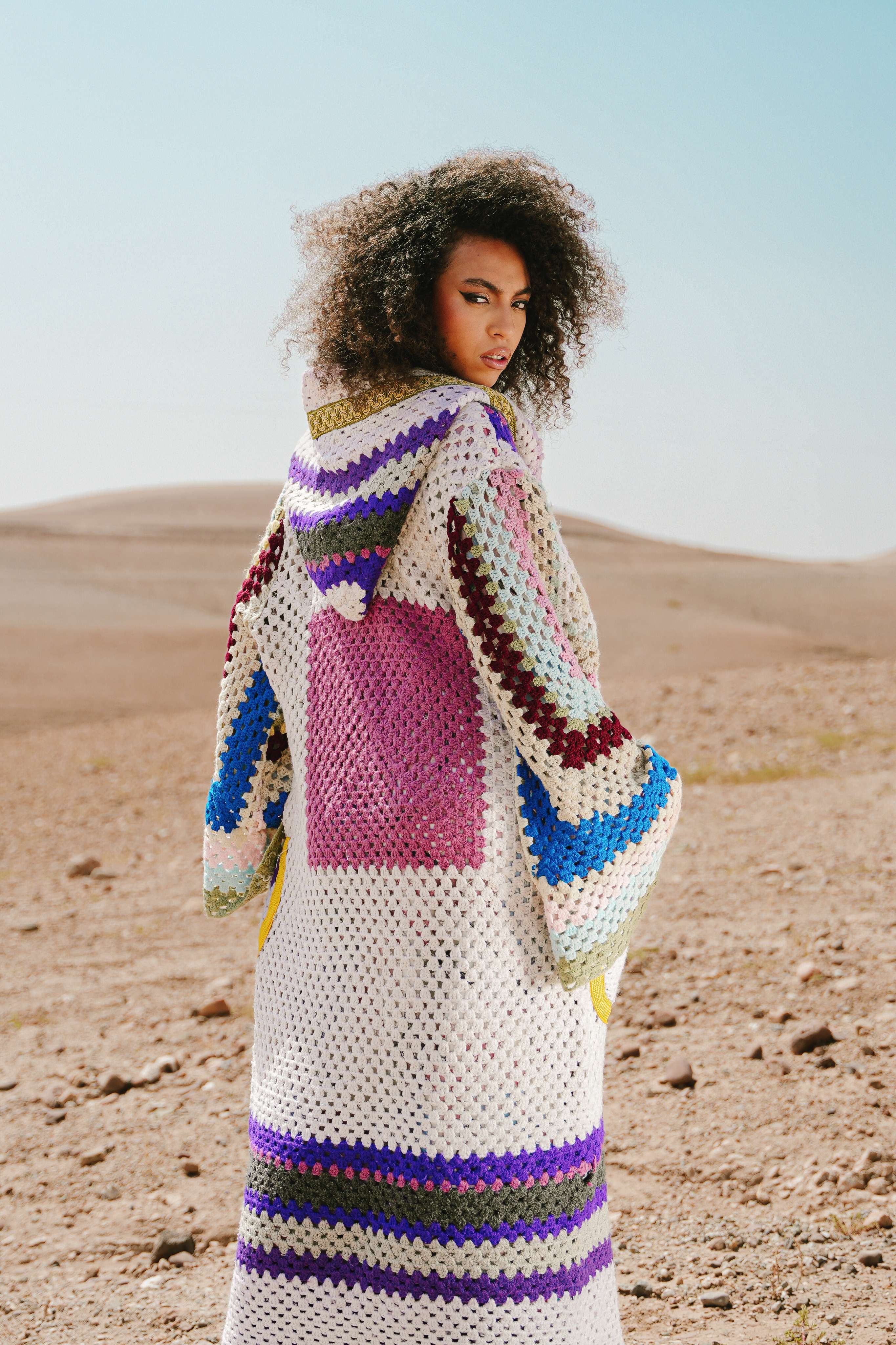 Atlas Thread Hooded Crochet Trench Coat - Violette