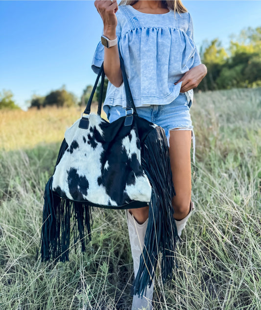 XL Duffle Bag - Leather HairOn Cowhide Travel Weekender: Black +White Cowhide